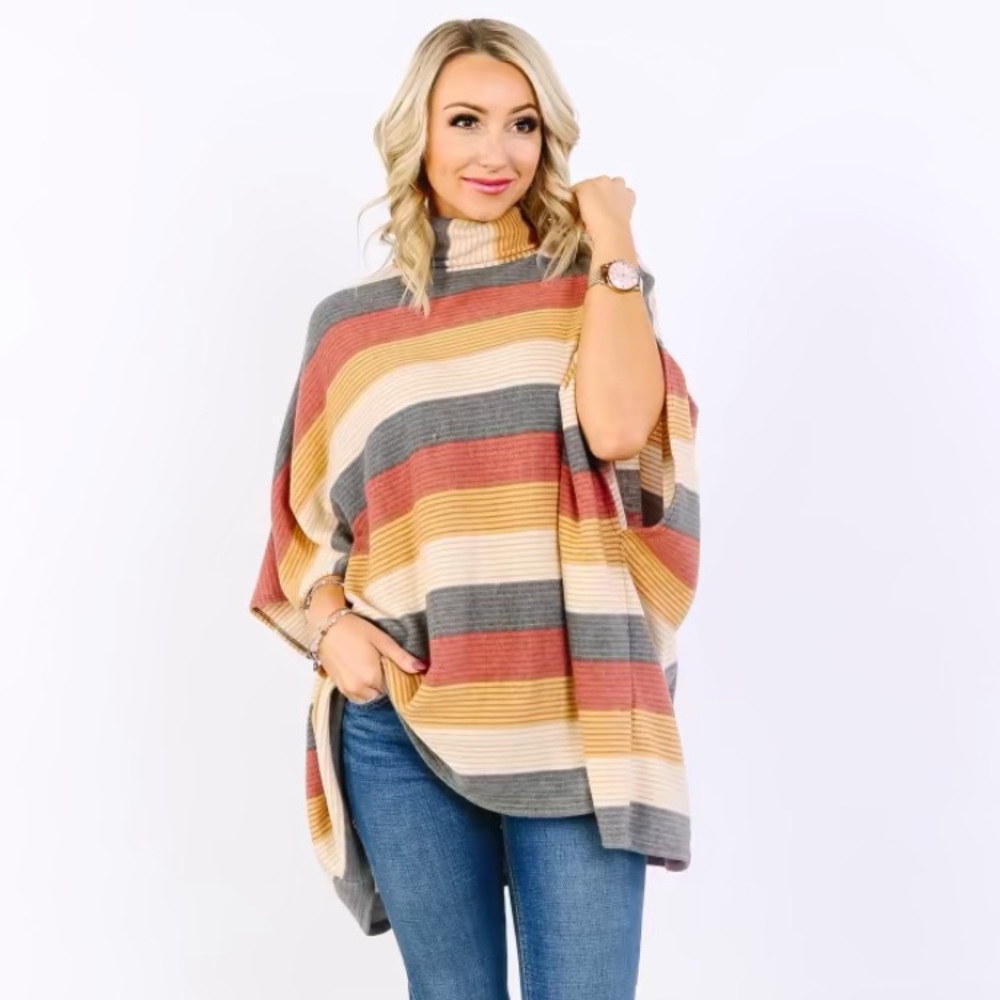 Cozy Stripe Cowl Neck Poncho